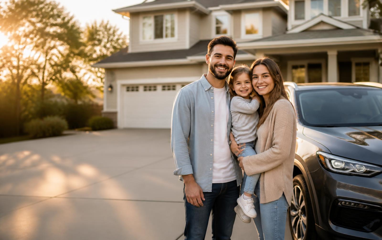 Family standing in the driveway of their home beside their car
